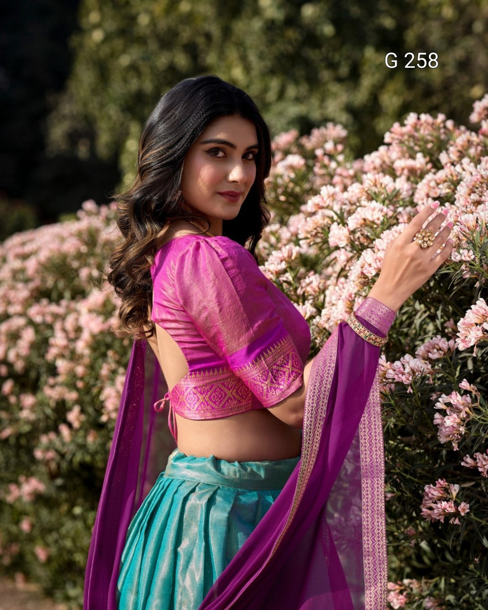 Zari Weaving Kanchipuram Lehenga with Lace Border – G 258 Sky Blue