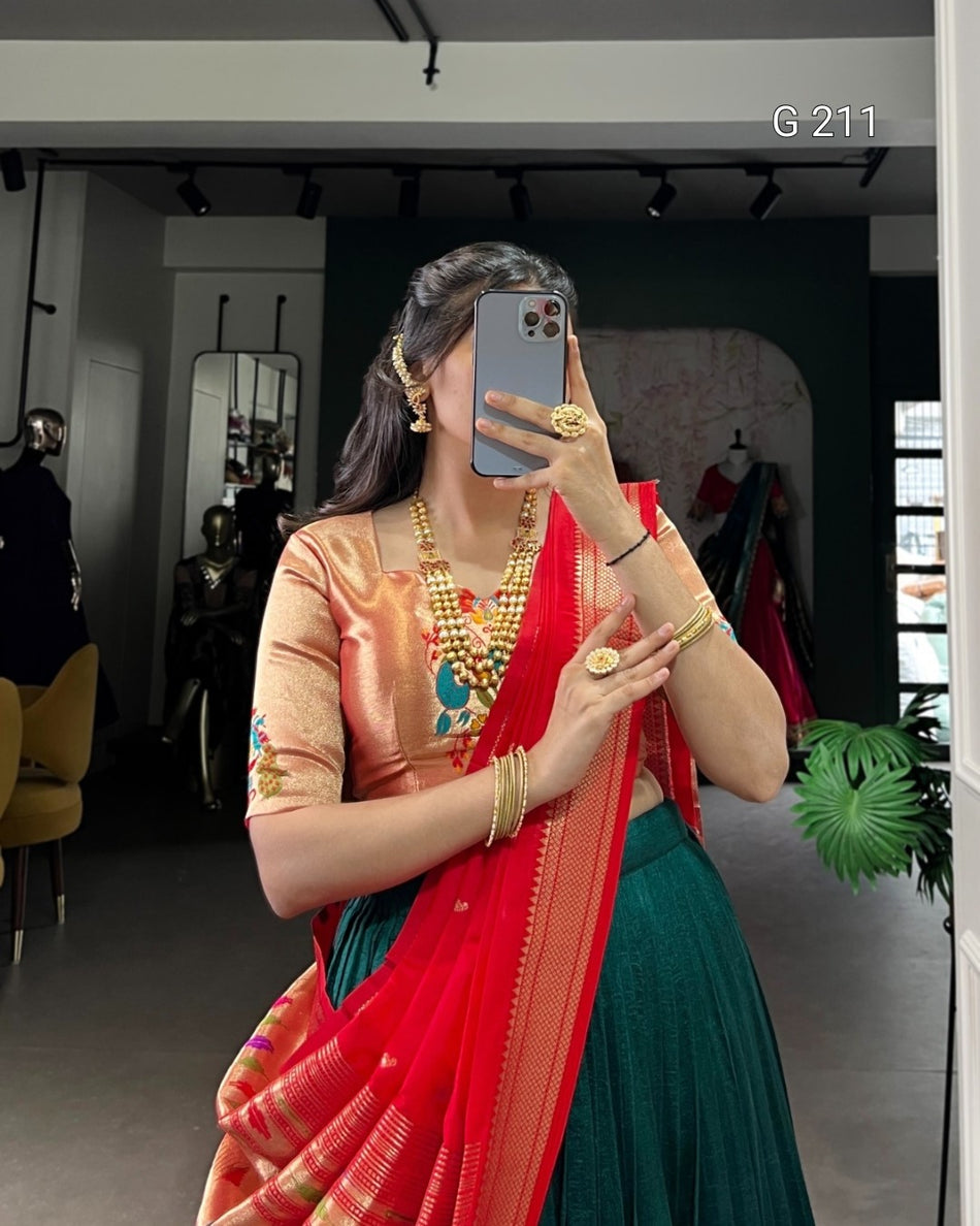 Zari Weaving Vichitra Silk Lehenga with Lace Border – G 211 Green