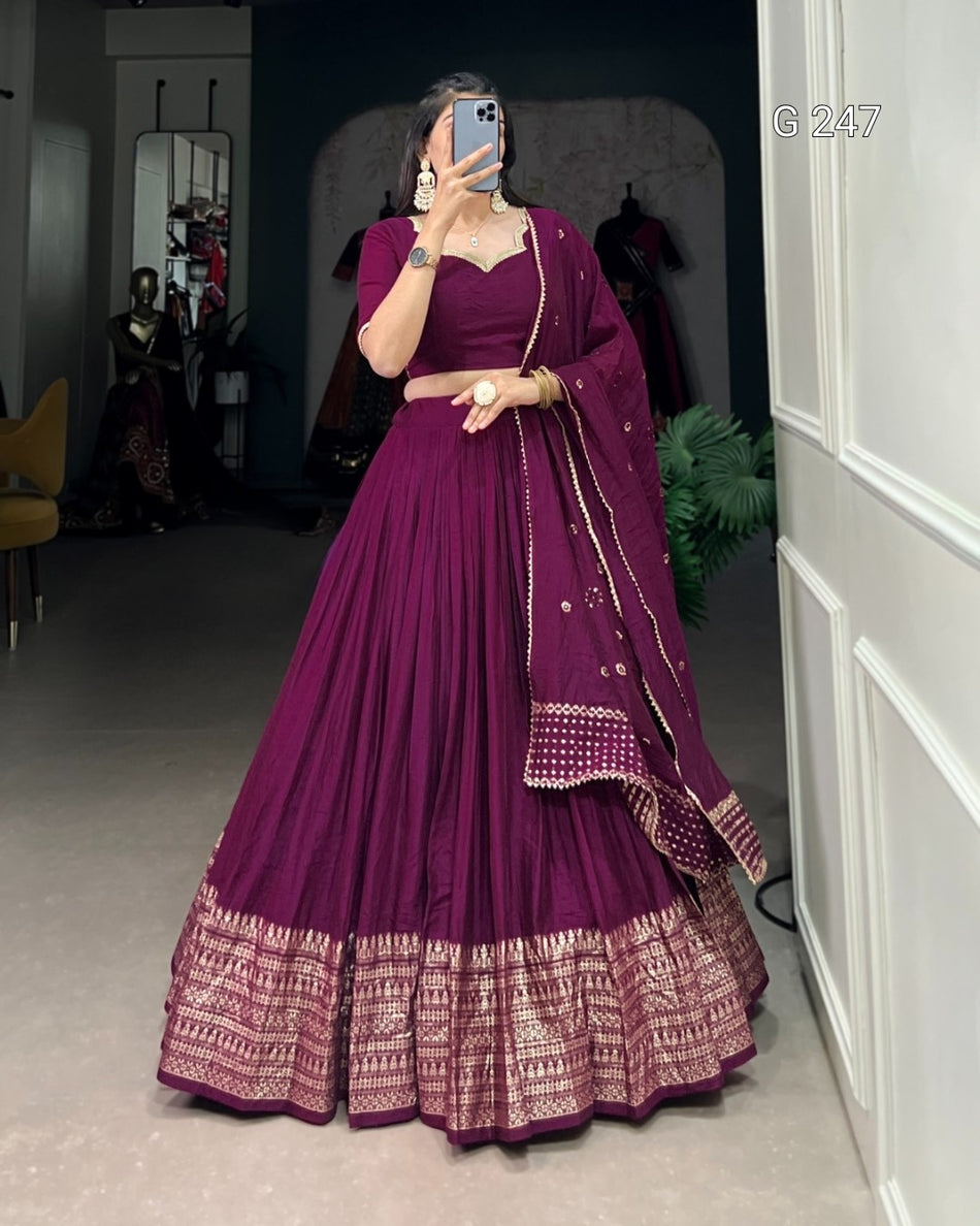 Zari Weaving Pure Chanderi Lehenga with Lace Border – G 247 Wine