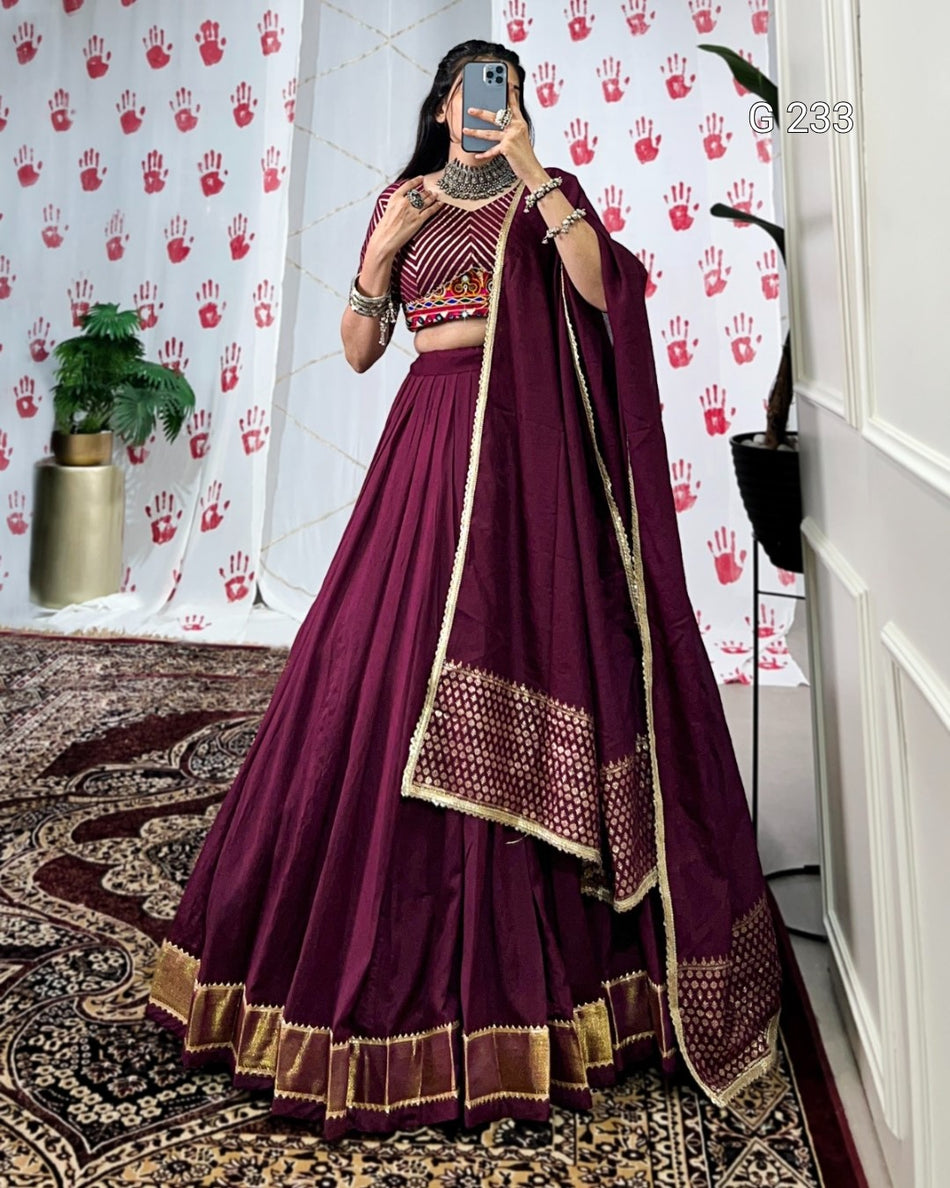 Zari Weaving Pure Chanderi Lehenga with Mirror Gamthi Work Blouse – G 233 Wine