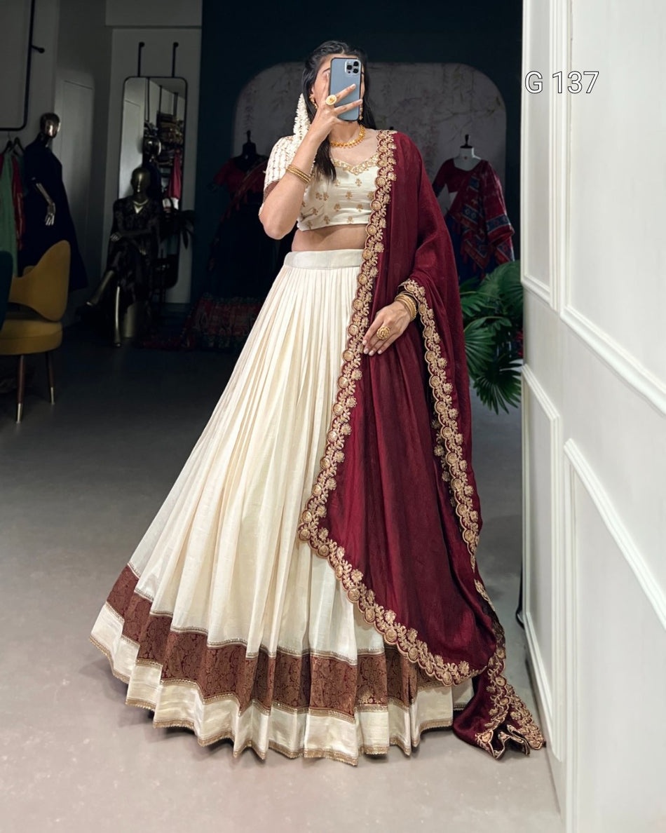 Vichitra Silk Lehenga with Zari Weaving Work & Sequins Lace Border – G 137 Off White