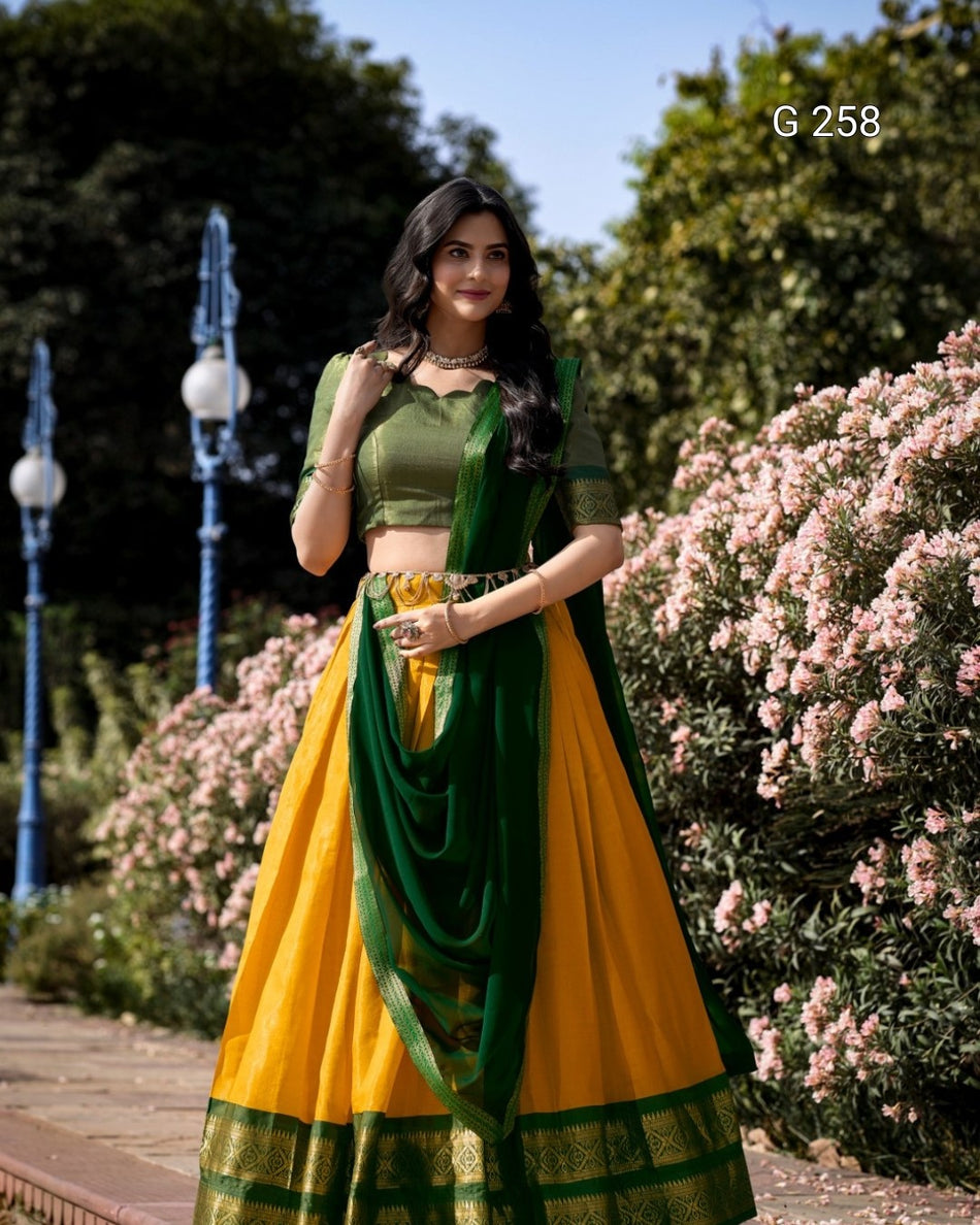 Zari Weaving Kanchipuram Lehenga with Lace Border – G 258 Yellow