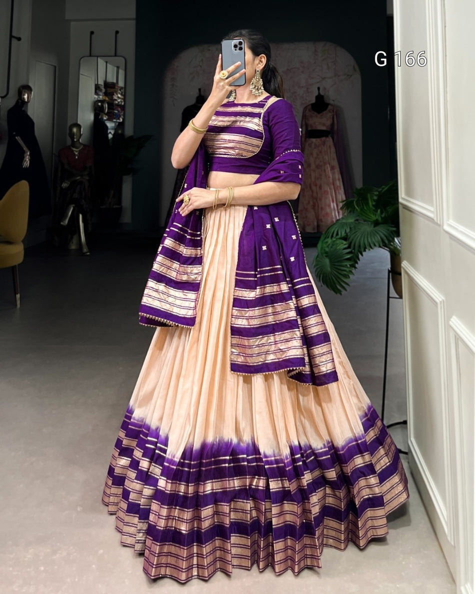 Off White Pure Chanderi Lehenga with Zari Weaving & Lace Touch-Up Dupatta - G 166 Off White