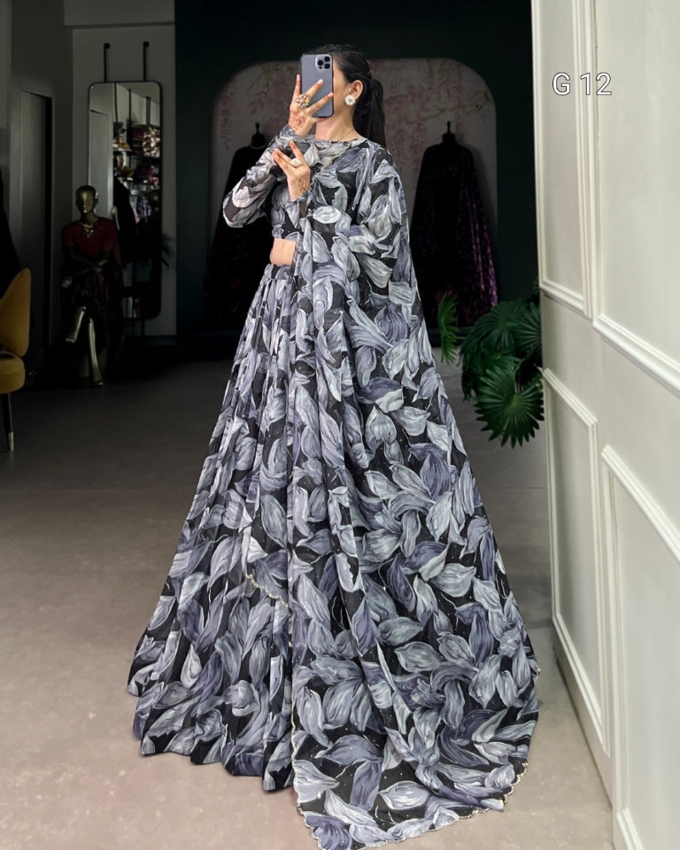 Black Tabby Silk Lehenga with Printed Hotfix Work – G 12 Black