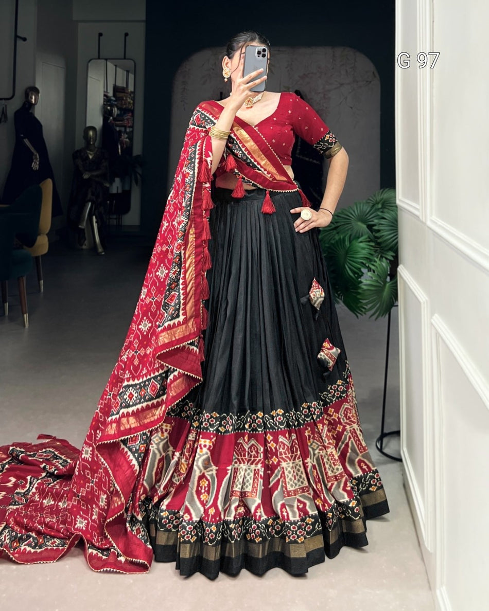 Tasar Silk Lehenga with Patola Print & Foil Work – G 97 Black