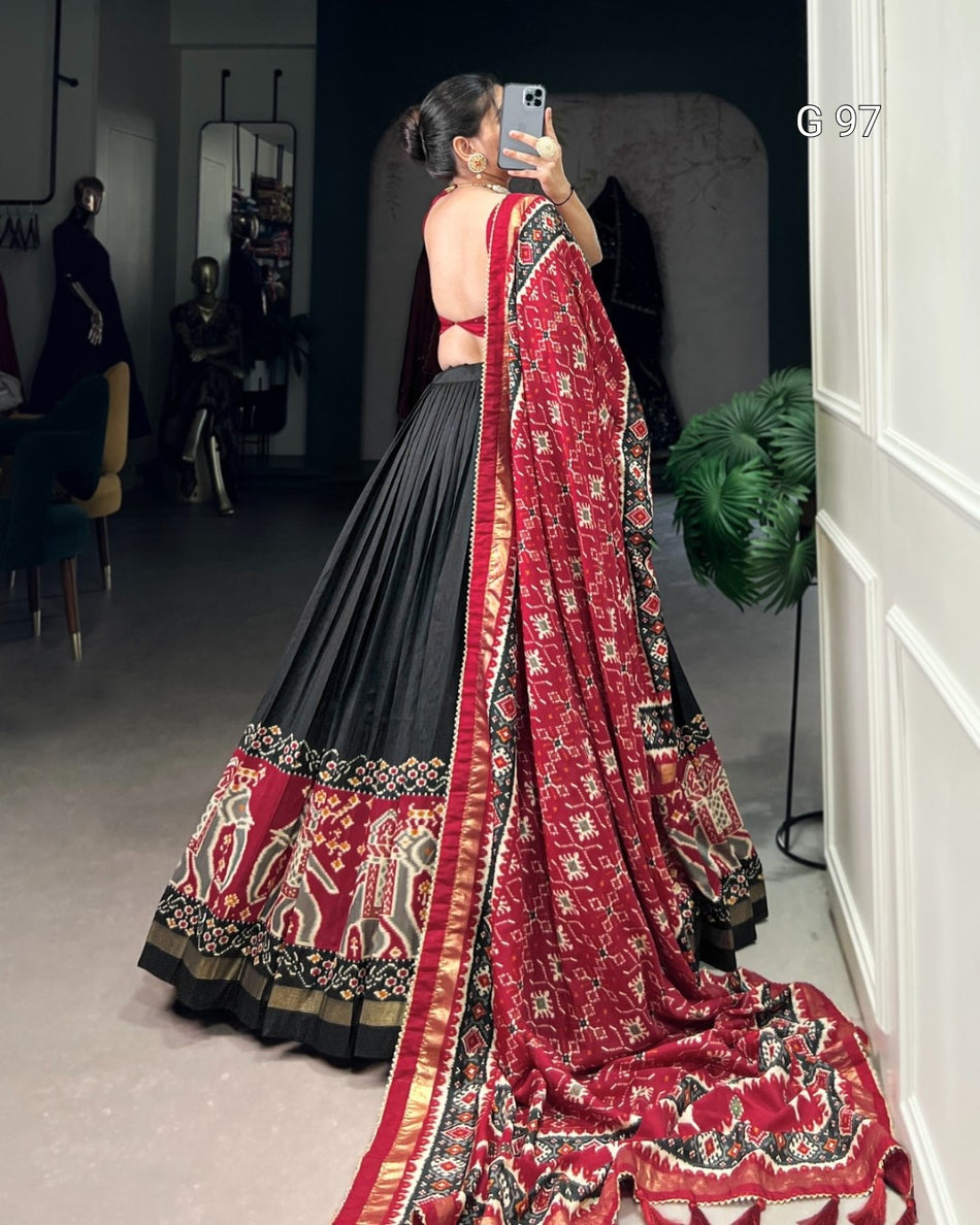 Tasar Silk Lehenga with Patola Print & Foil Work – G 97 Black