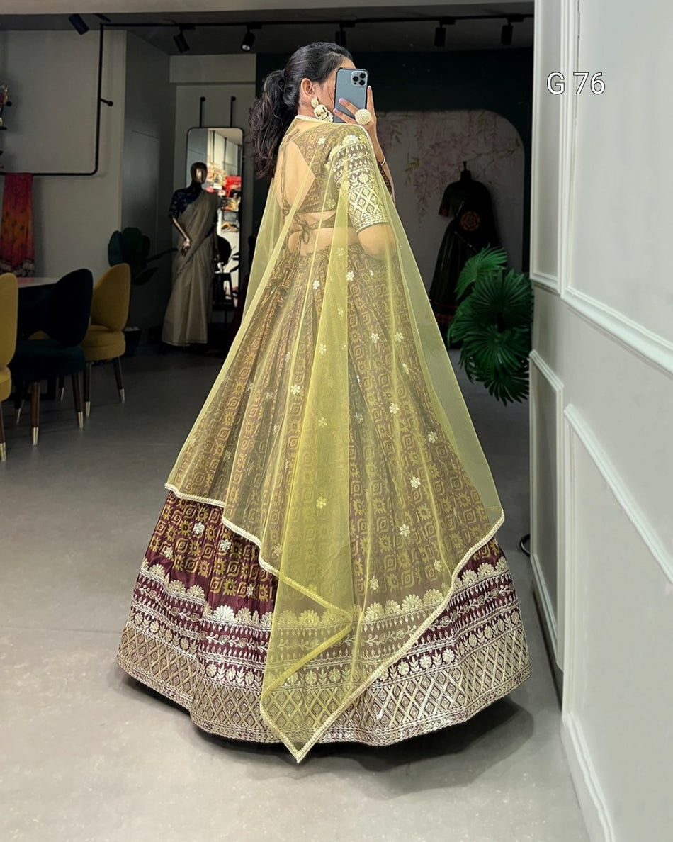 Chinon Lehenga with Digital Print & Embroidery Sequins Work – G 76 Bottle Green