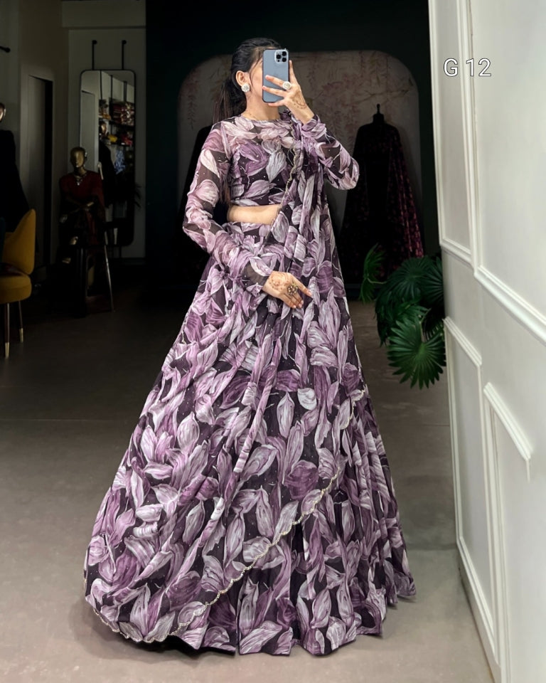 Coffee Tabby Silk Lehenga with Printed Hotfix Work – G 12 Coffee