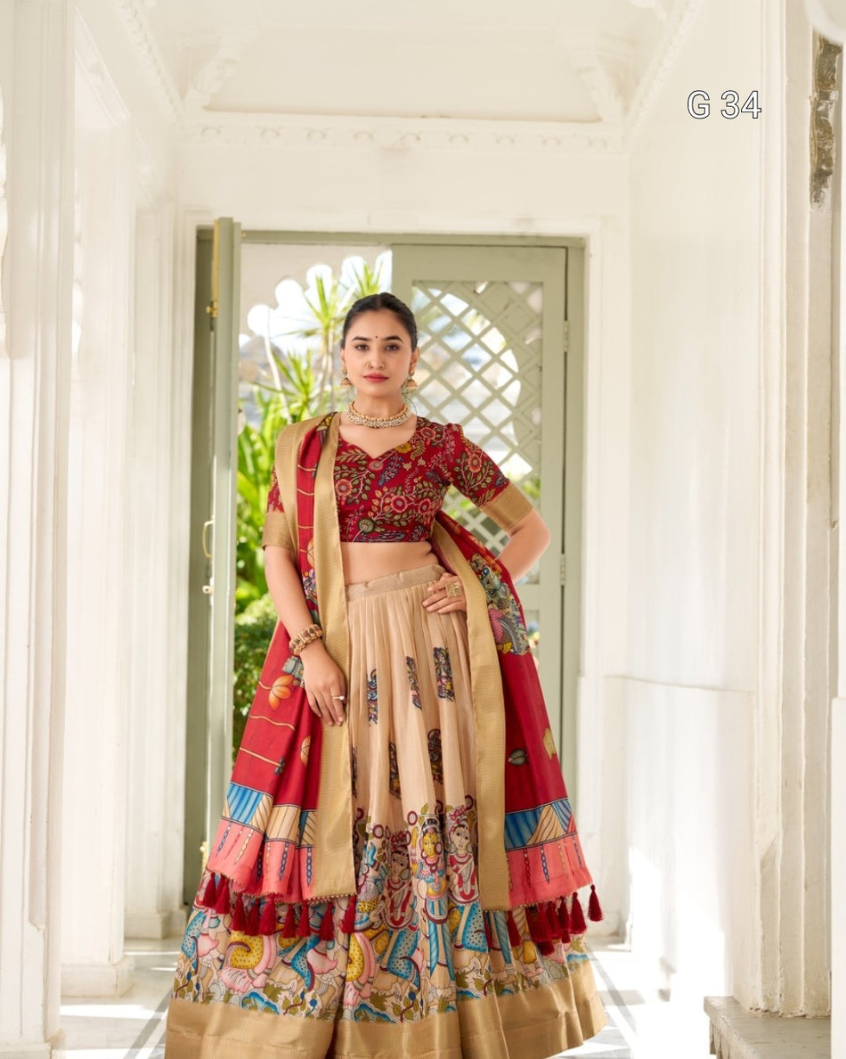Dola Silk Lehenga with Kalamkari Print & Weaving Border – G 34 Purple, Cream, Peach, Yellow