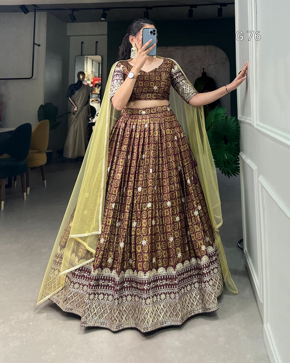 Chinon Lehenga with Digital Print & Embroidery Sequins Work – G 76 Bottle Green