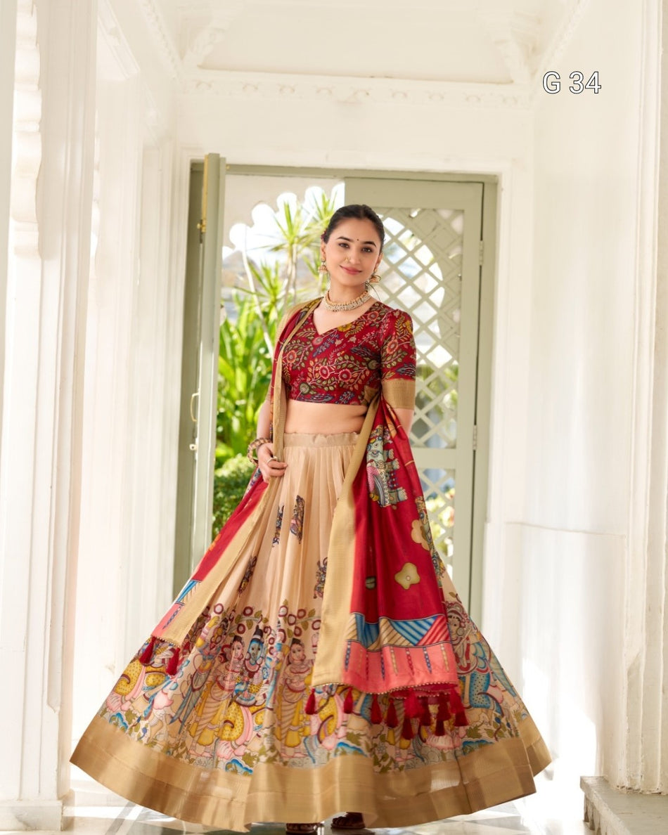 Cream Dola Silk Lehenga with Kalamkari Print & Weaving Border – G 34 Cream