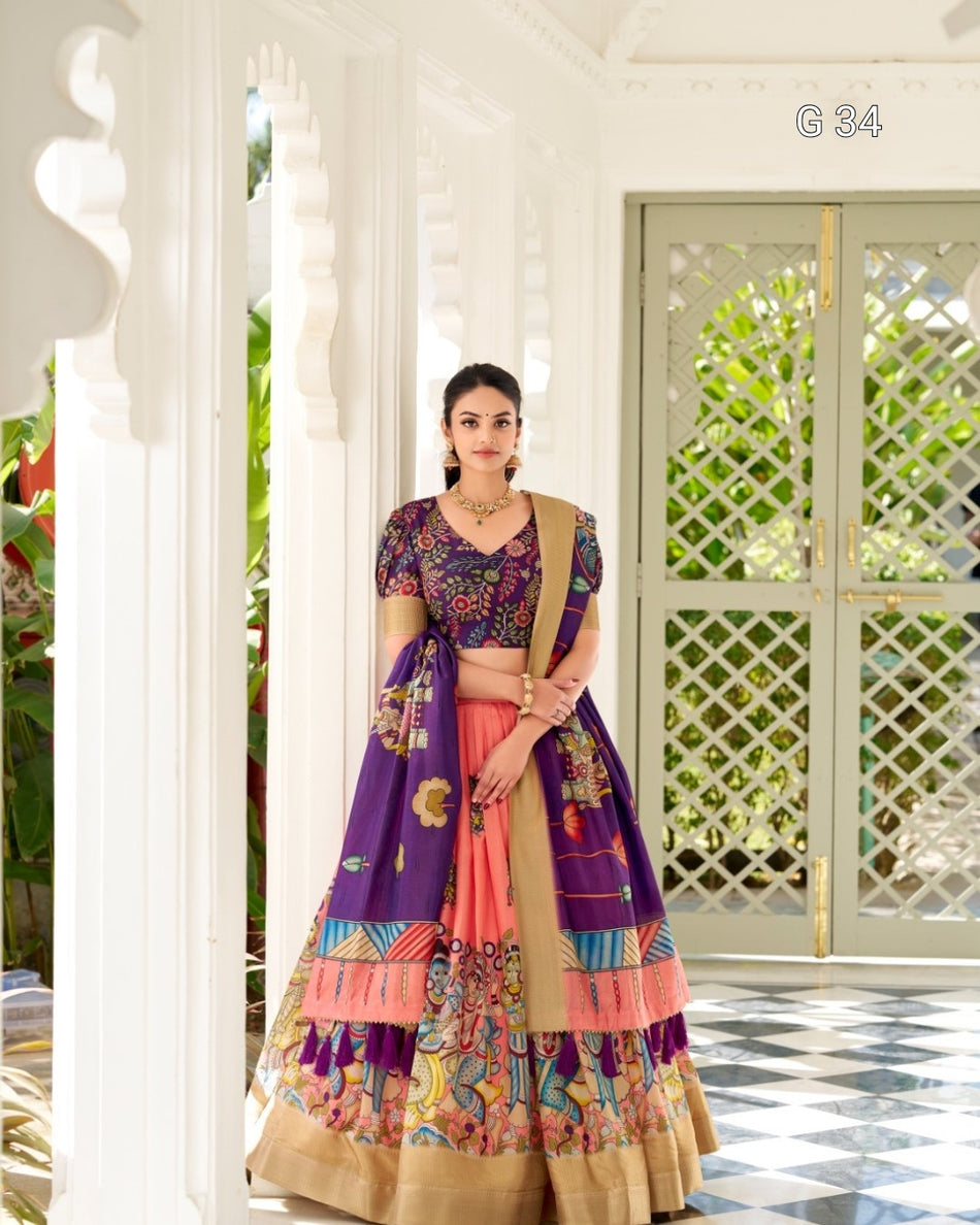Dola Silk Lehenga with Kalamkari Print & Weaving Border – G 34 Purple, Cream, Peach, Yellow