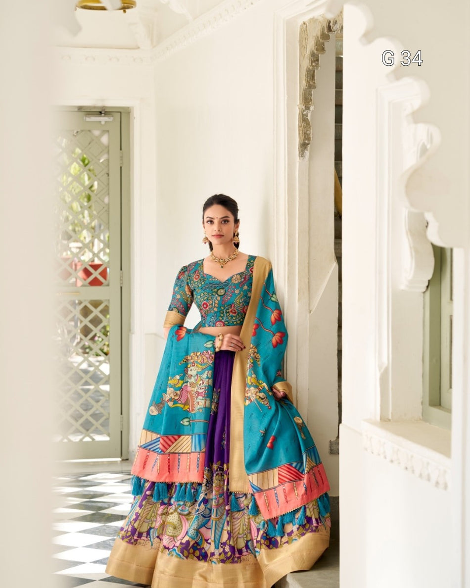 Purple Dola Silk Lehenga with Kalamkari Print & Weaving Border – G 34 Purple