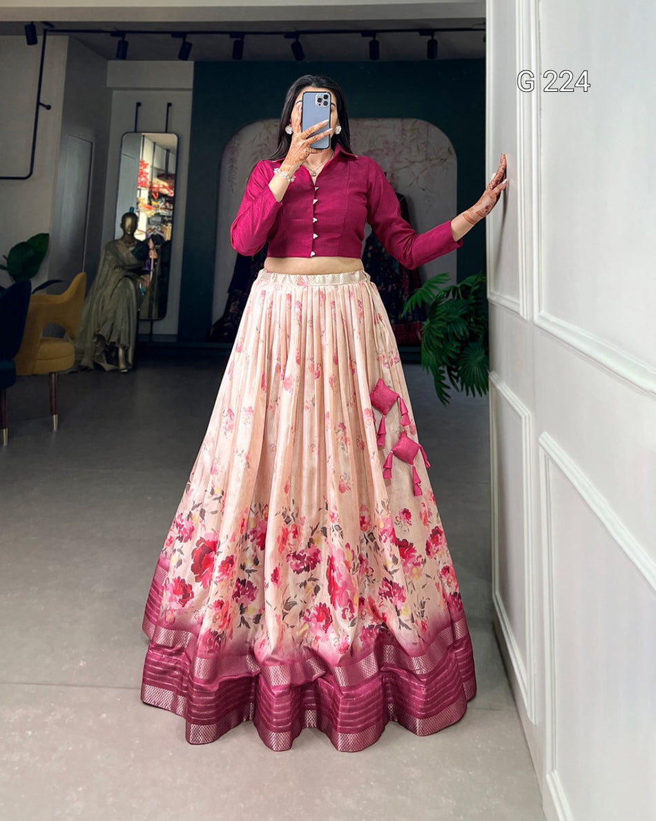 Floral Print Dola Silk Lehenga with Sequins & Zari Border – G 224 Rani Pink