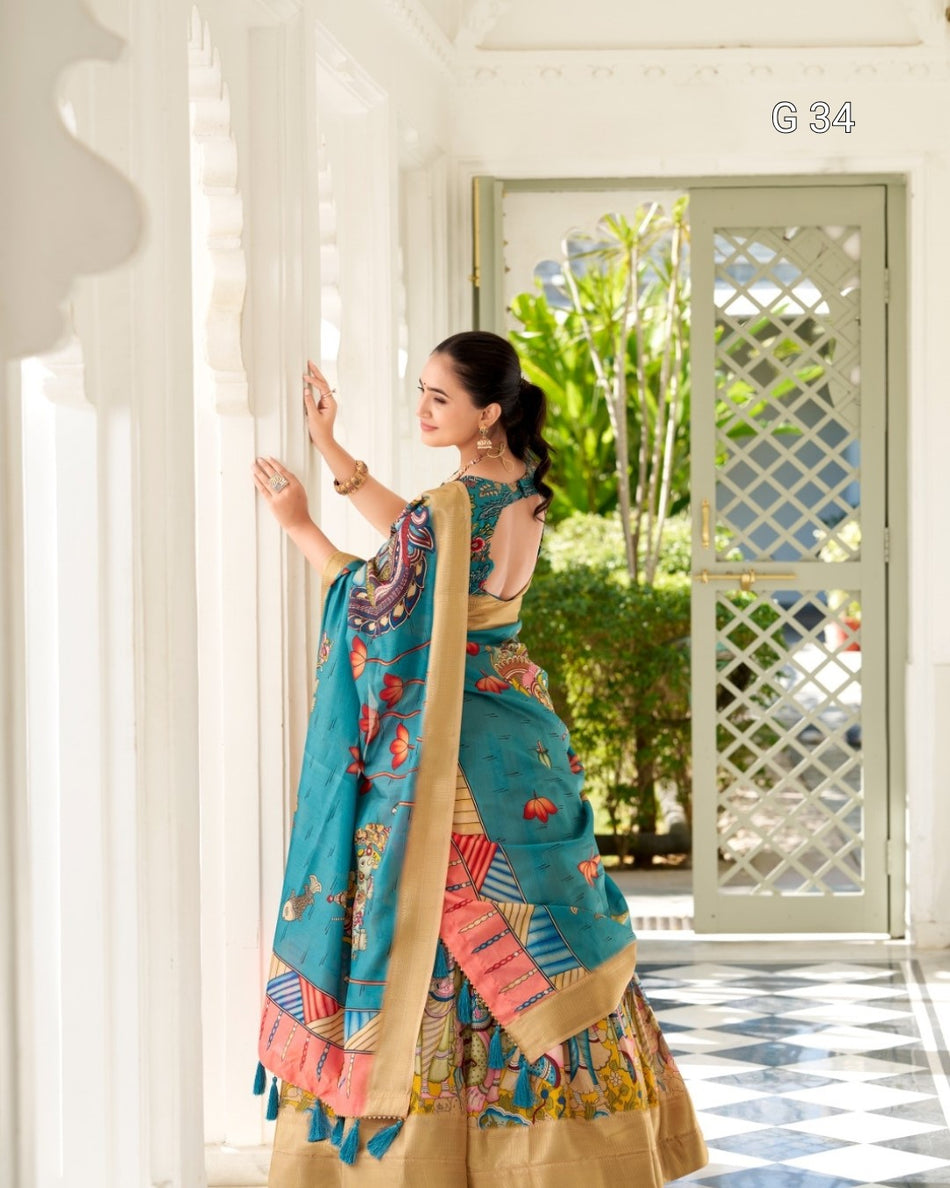 Yellow Dola Silk Lehenga with Kalamkari Print & Weaving Border – G 34 Yellow