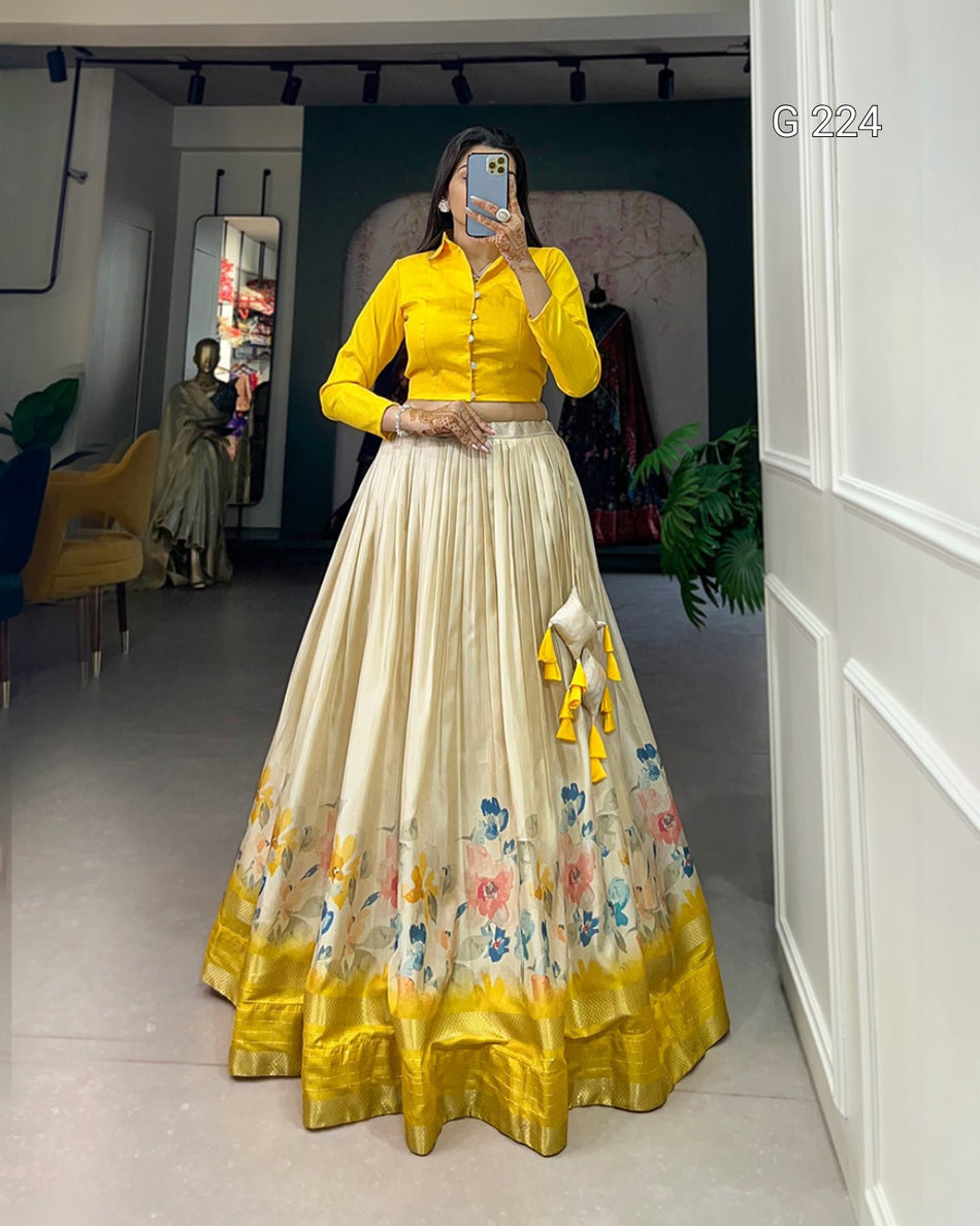 Floral Print Dola Silk Lehenga with Sequins & Zari Border – G 224 Yellow