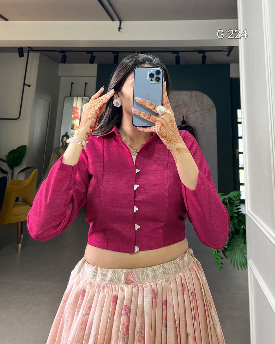 Floral Print Dola Silk Lehenga with Sequins & Zari Border – G 224 Rani Pink