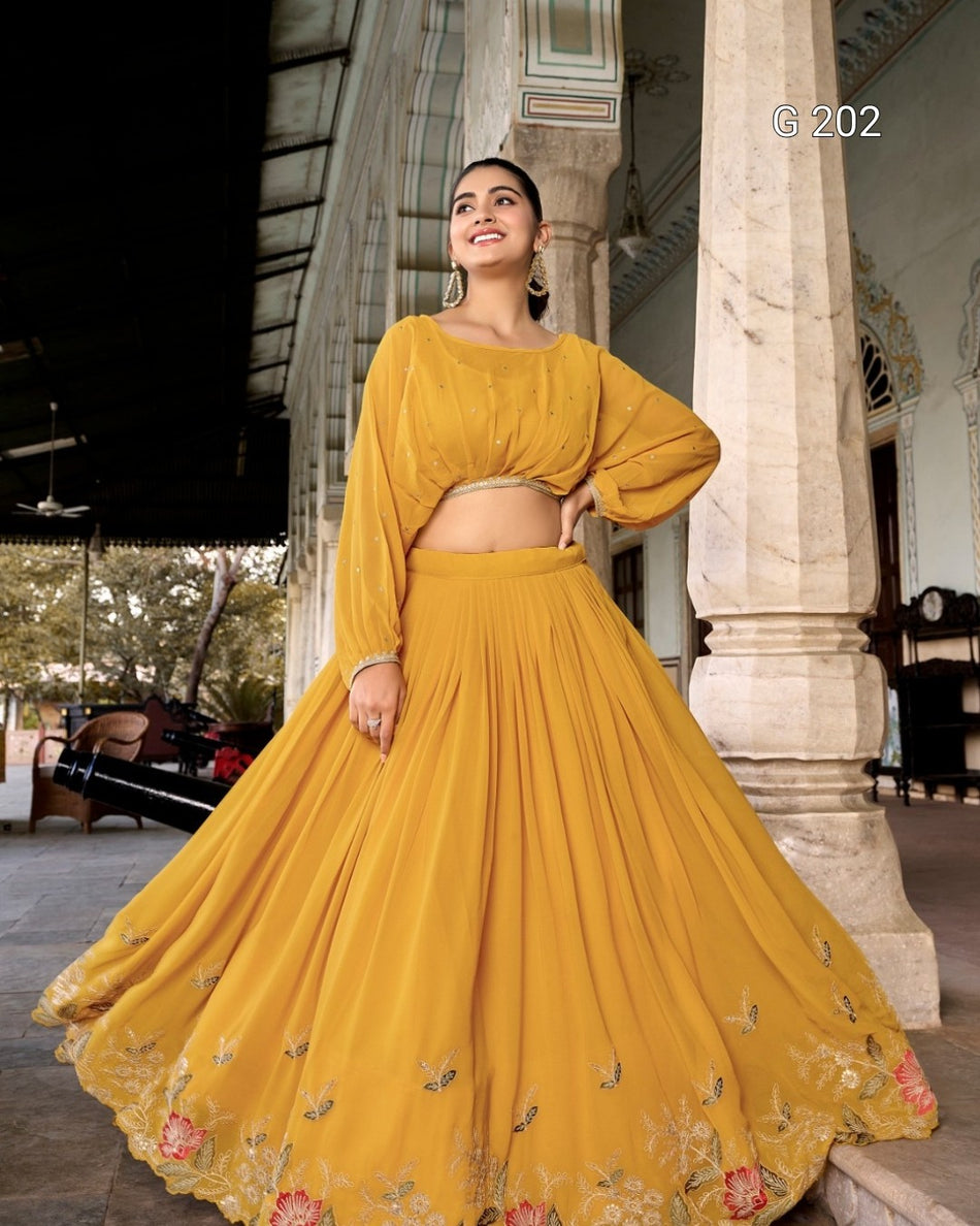 Yellow Georgette Lehenga with Sequins and Thread Embroidery Work, Sequins Butties Top – G 202 Yellow