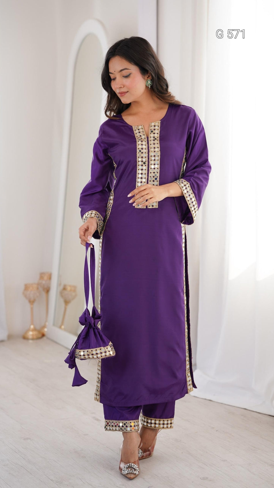 Designer Kurti Pant Set with Mirror Detail - G 571