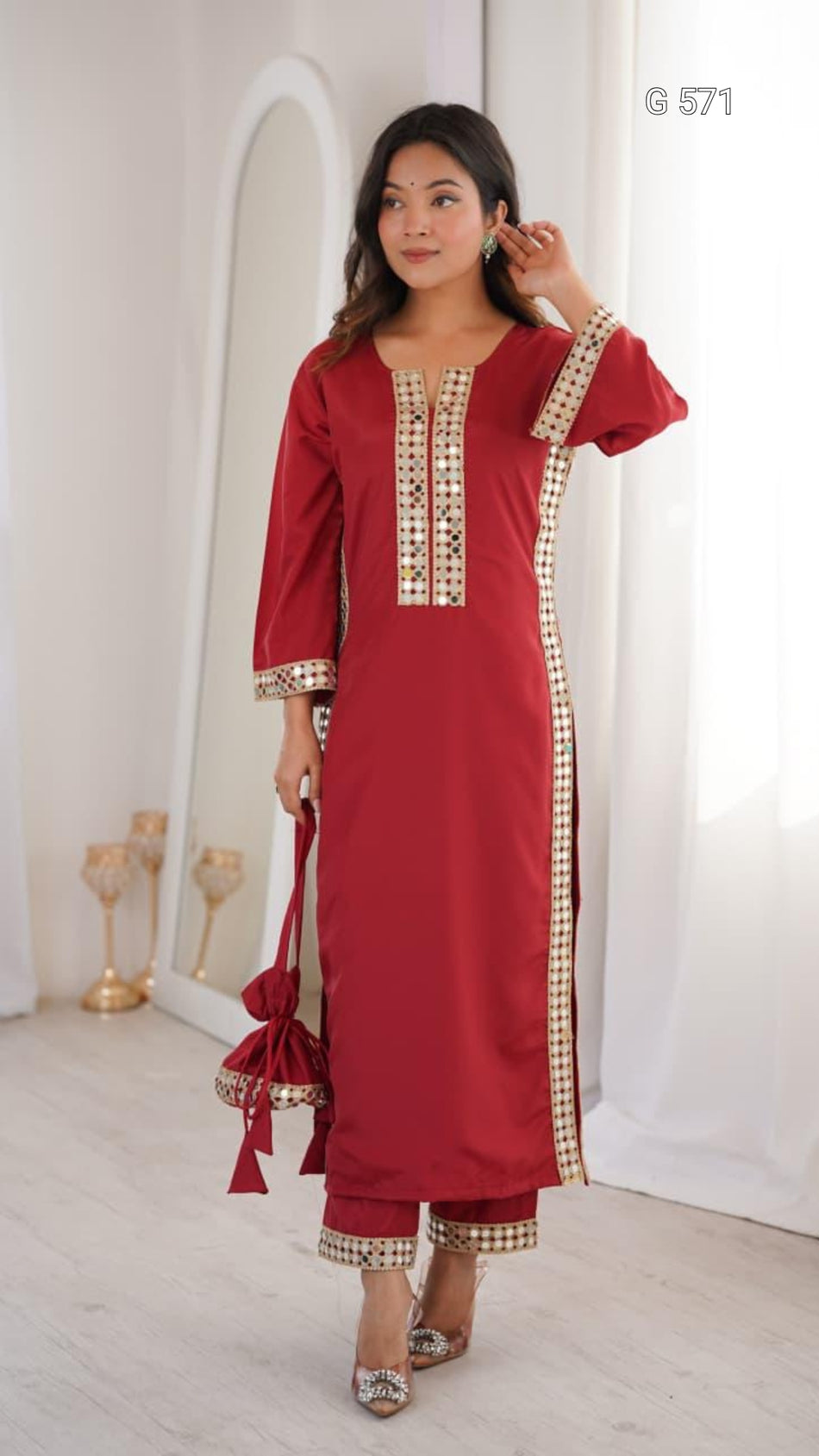 Designer Kurti Pant Set with Mirror Detail - G 571