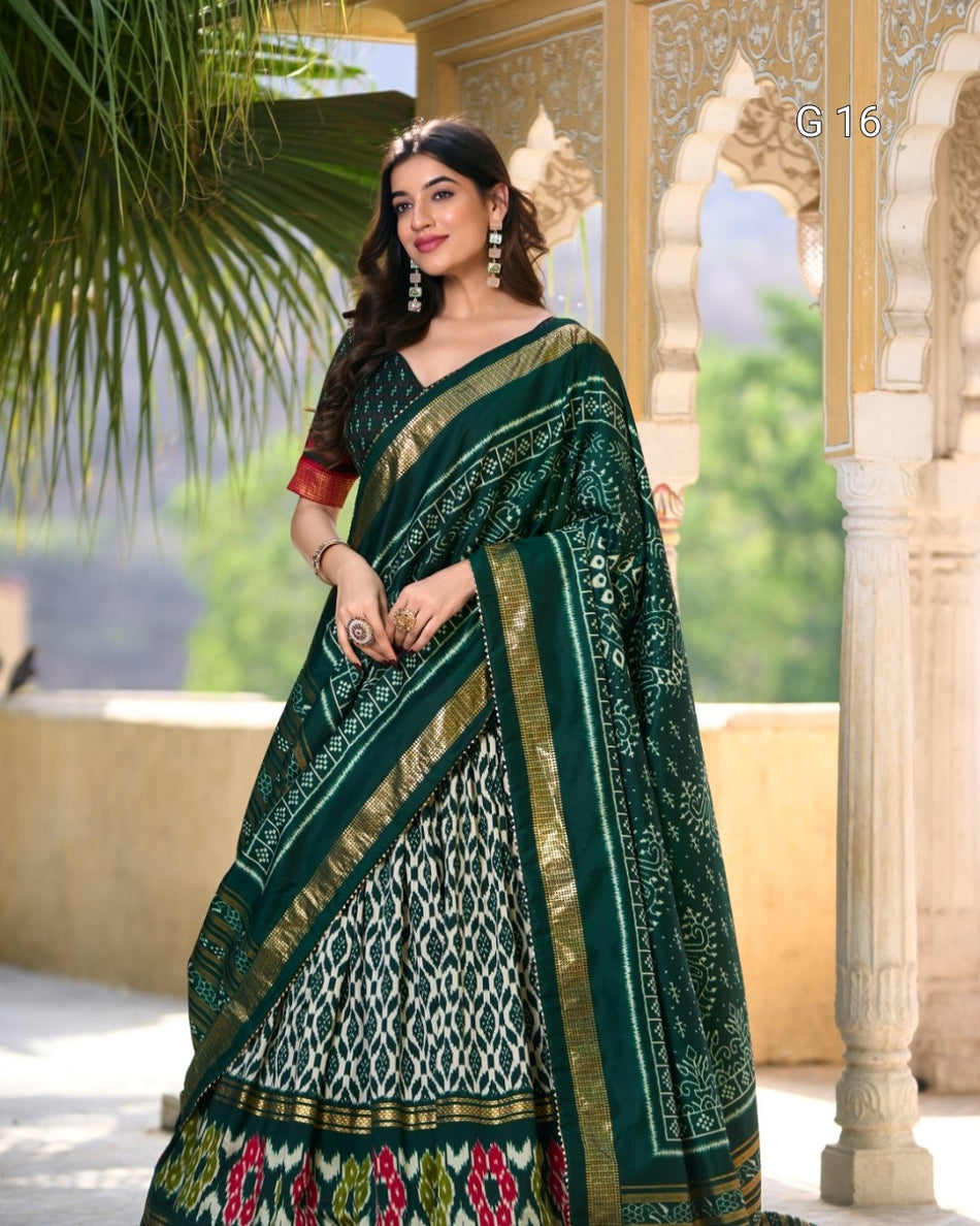 Green Tasar Silk Lehenga with Ikkat Print & Foil Work – G 16 Green