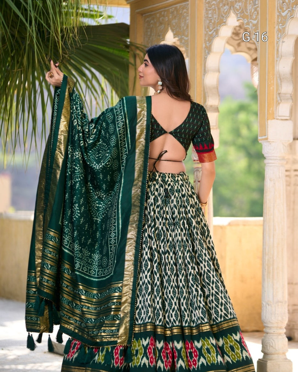 Green Tasar Silk Lehenga with Ikkat Print & Foil Work – G 16 Green