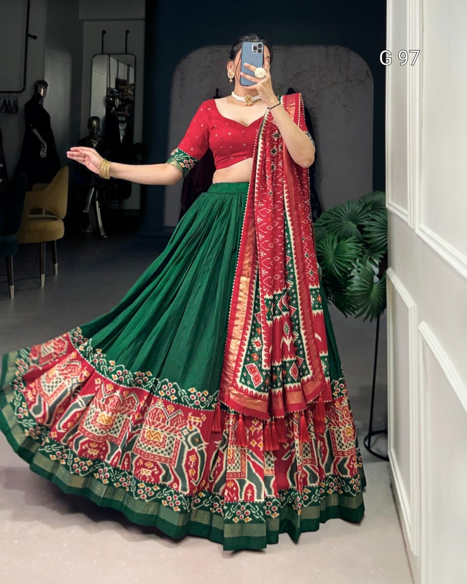 Tasar Silk Lehenga with Patola Print & Foil Work – G 97 Green