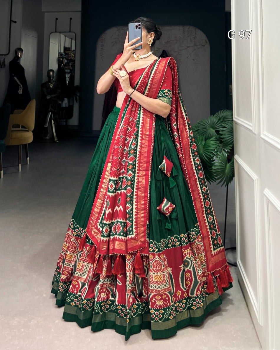 Tasar Silk Lehenga with Patola Print & Foil Work – G 97 Green