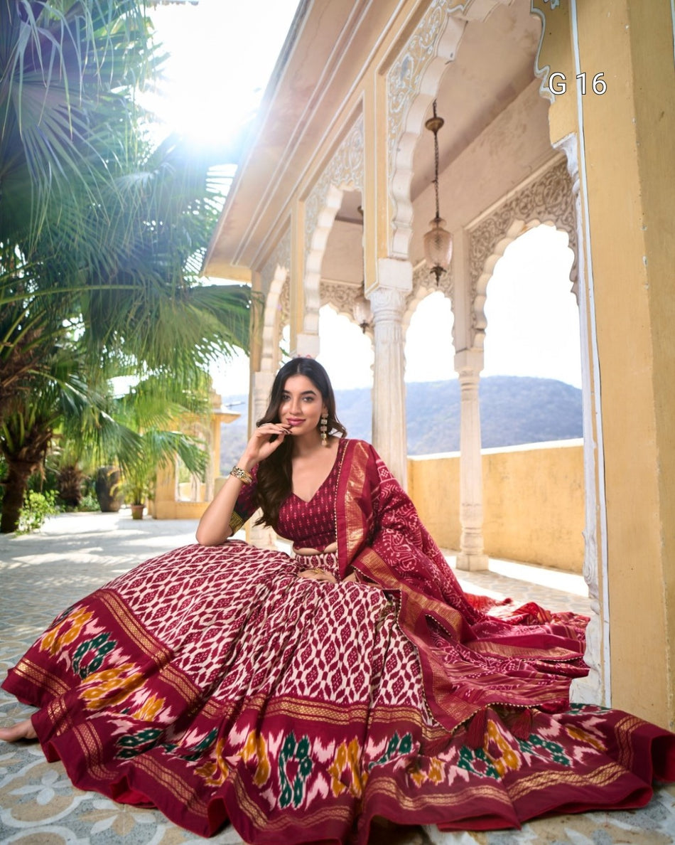 Maroon Tasar Silk Lehenga with Ikkat Print & Foil Work – G 16 Maroon