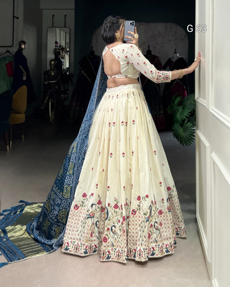 Khadi Cotton Lehenga with Sequins & Thread Embroidery – G 63 Peacock