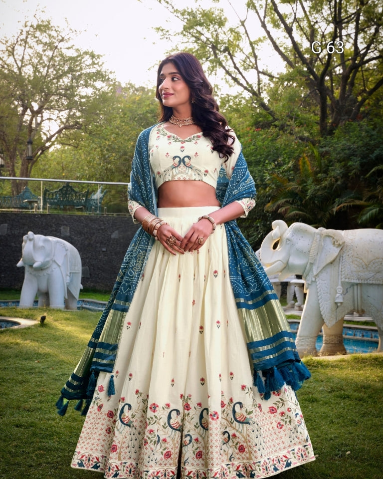 Khadi Cotton Lehenga with Sequins & Thread Embroidery – G 63 Peacock