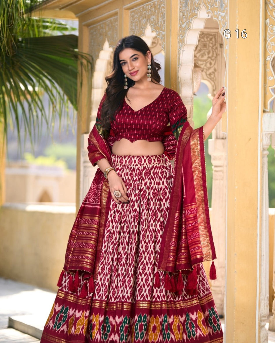 Maroon Tasar Silk Lehenga with Ikkat Print & Foil Work – G 16 Maroon