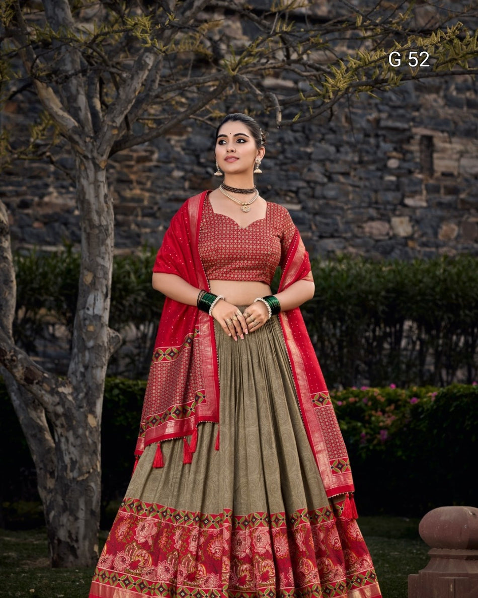 Tussar Silk Lehenga with Foil Print & Heavy Tassels – G 52 Mehendi