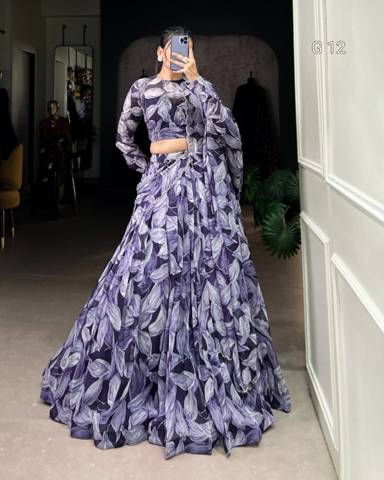 Navy Blue Tabby Silk Lehenga with Printed Hotfix Work – G 12 Navy Blue