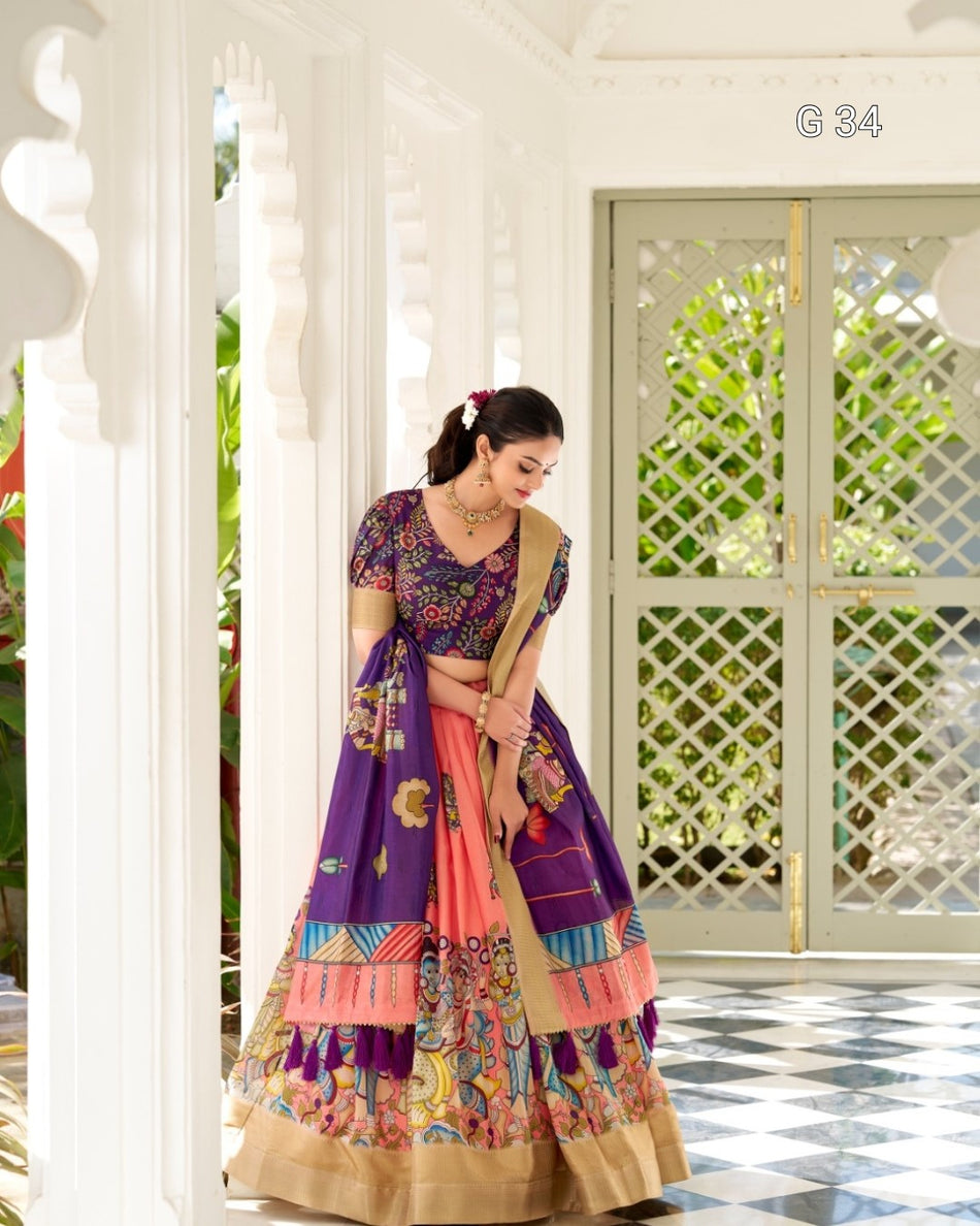 Peach Dola Silk Lehenga with Kalamkari Print & Weaving Border – G 34 Peach