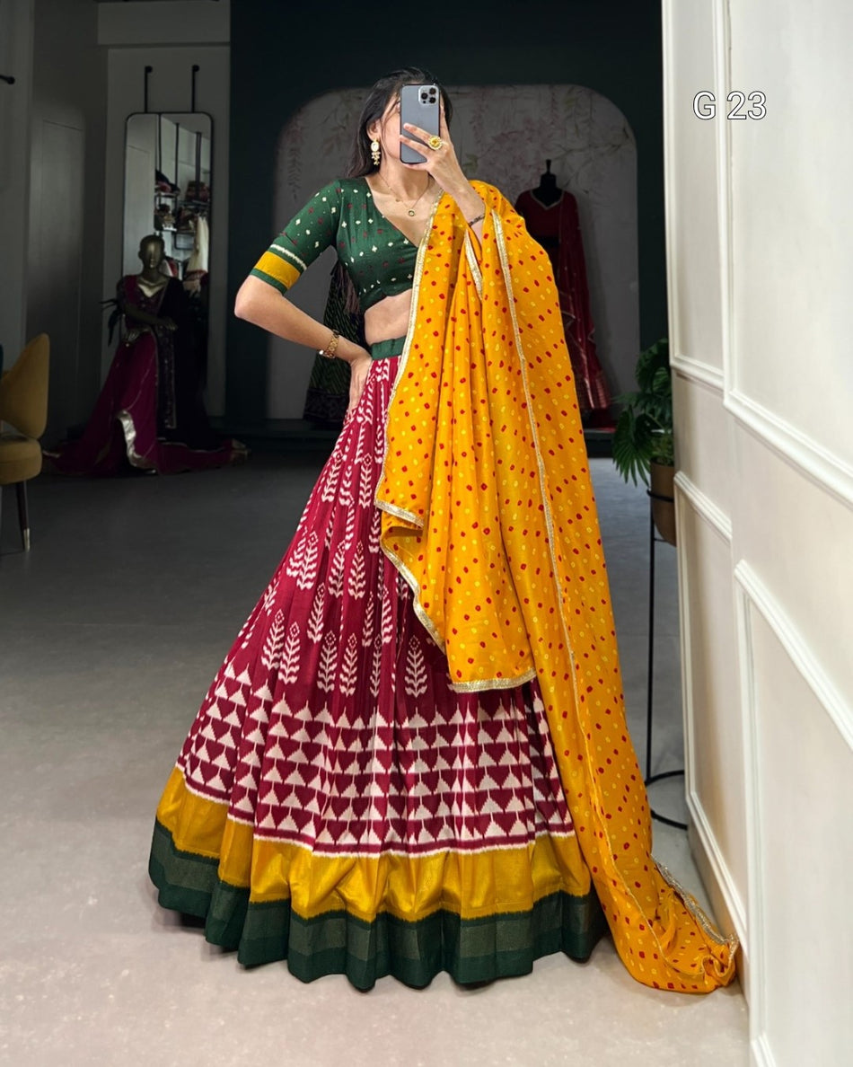 Maroon Tussar Silk Lehenga with Print & Foil Work – G 23 Maroon