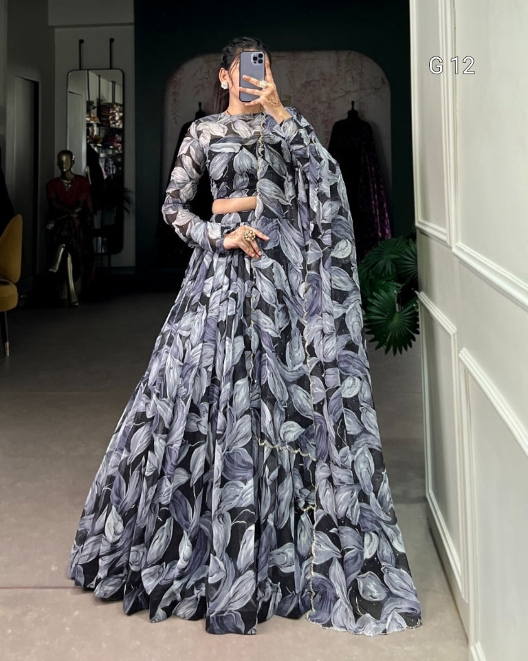 Black Tabby Silk Lehenga with Printed Hotfix Work – G 12 Black