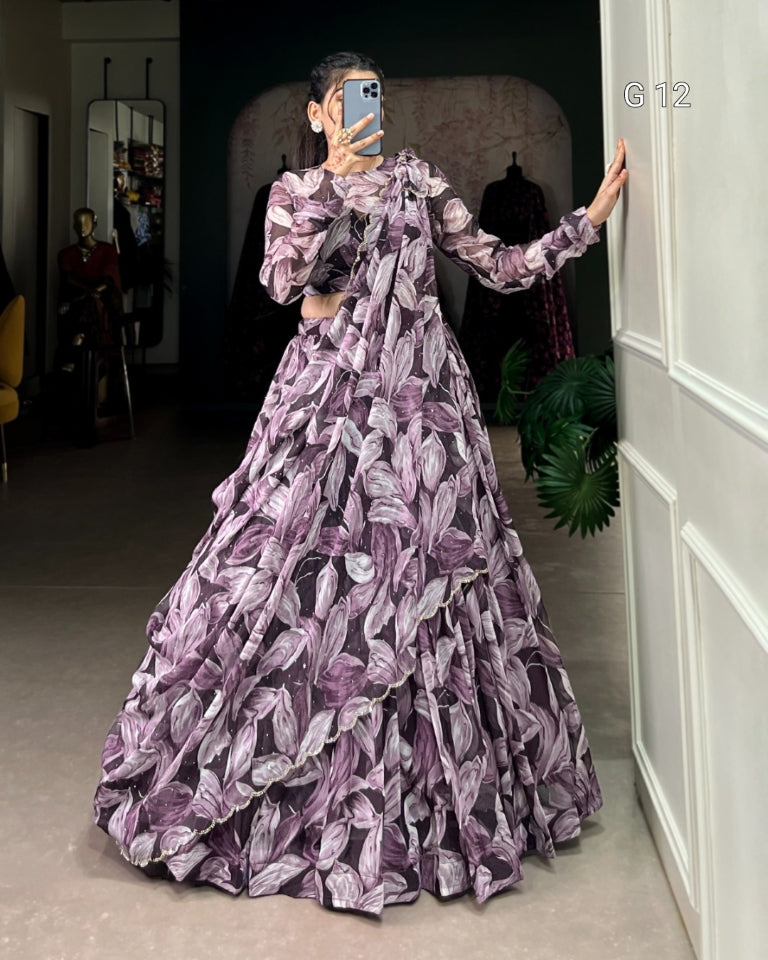 Coffee Tabby Silk Lehenga with Printed Hotfix Work – G 12 Coffee