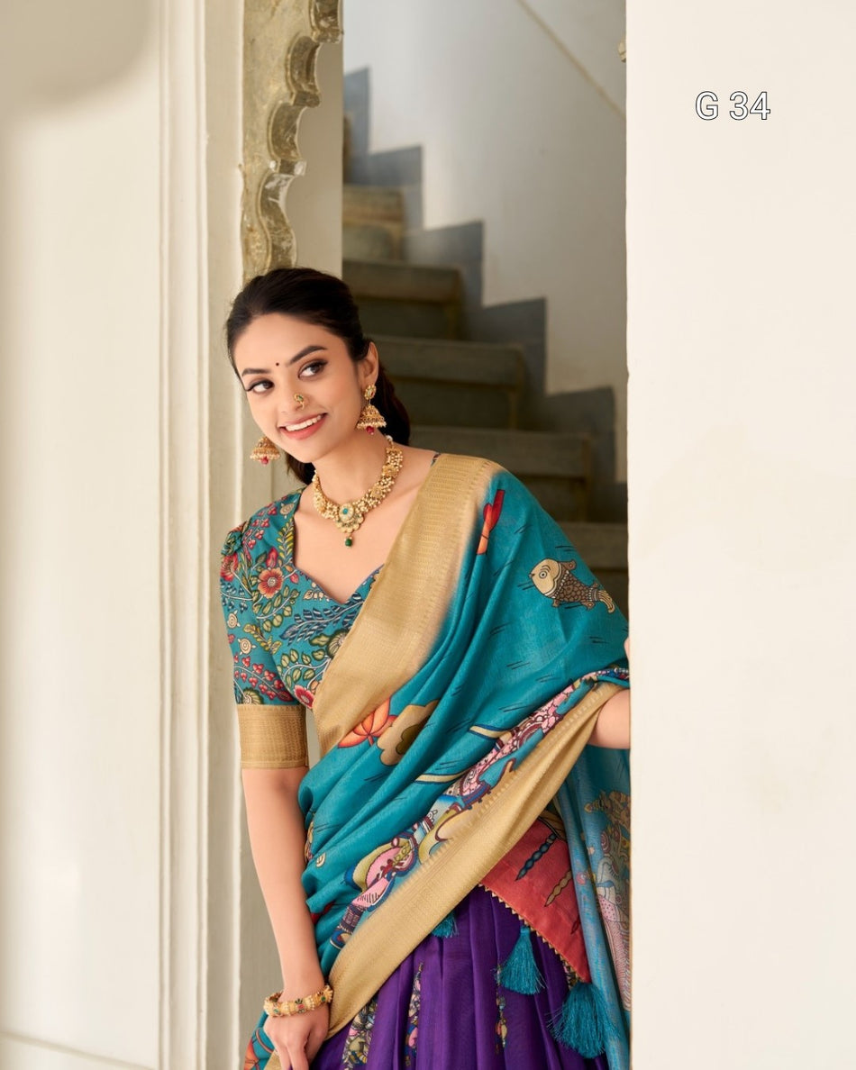 Purple Dola Silk Lehenga with Kalamkari Print & Weaving Border – G 34 Purple