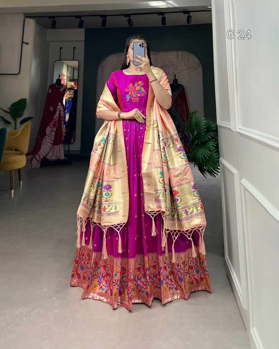 Purple Jacquard Silk Gown with Zari Weaving Work – Stitched Gown and Dupatta with Tassels - G 24 Purple