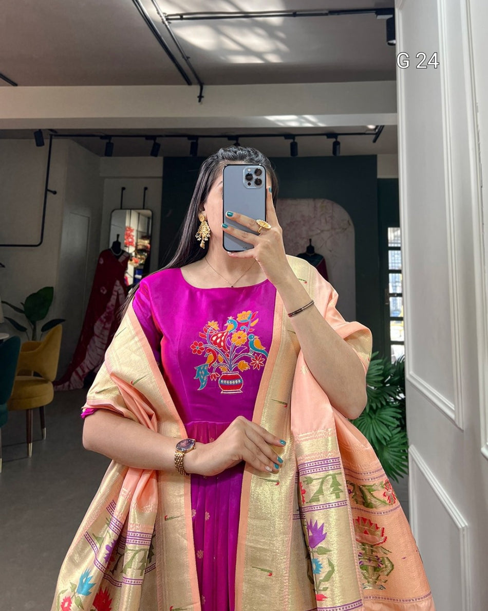 Purple Jacquard Silk Gown with Zari Weaving Work – Stitched Gown and Dupatta with Tassels - G 24 Purple