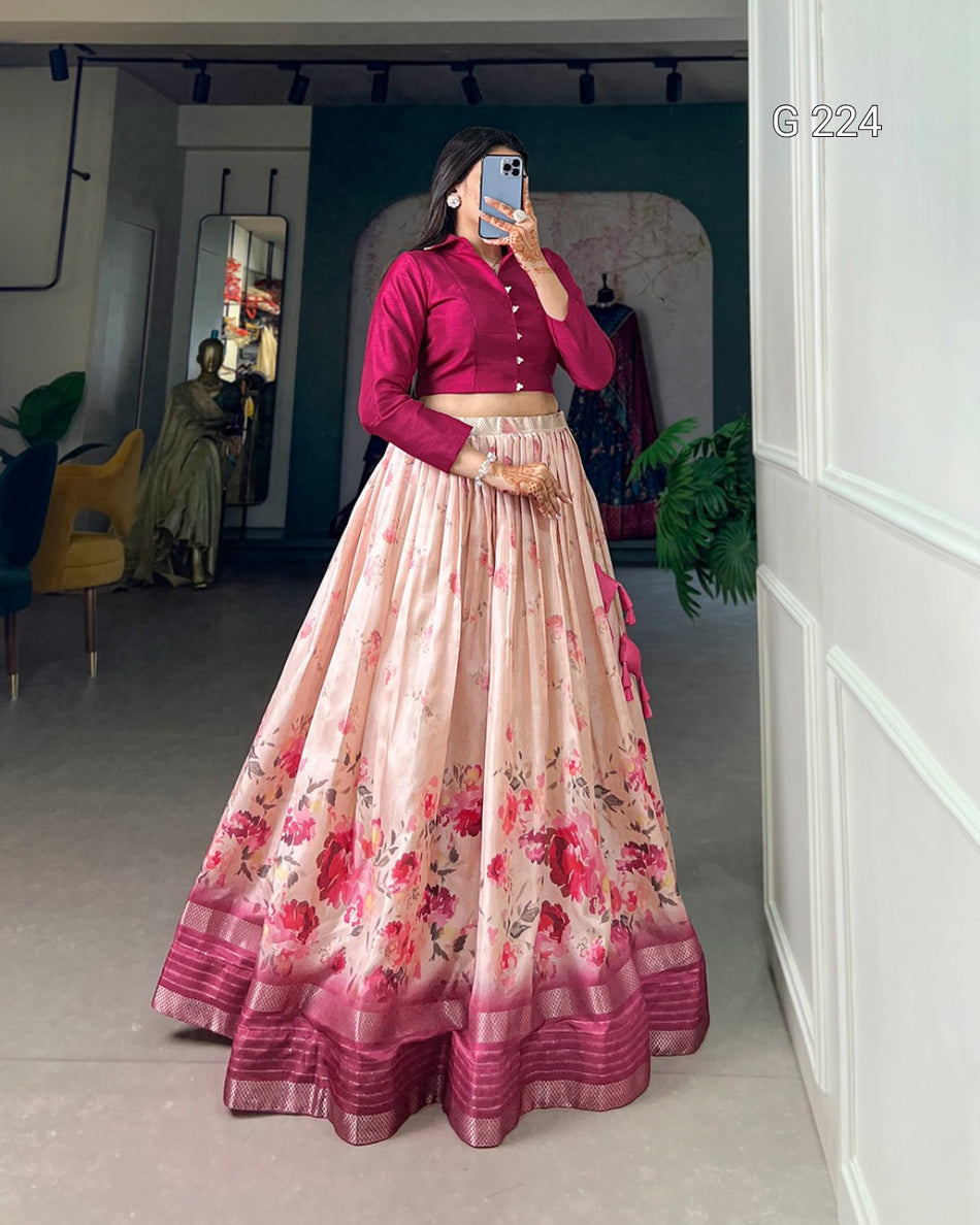 Floral Print Dola Silk Lehenga with Sequins & Zari Border – G 224
