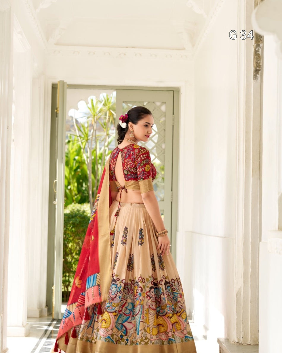 Dola Silk Lehenga with Kalamkari Print & Weaving Border – G 34 Purple, Cream, Peach, Yellow