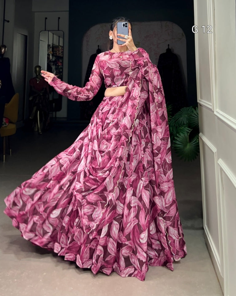 Maroon Tabby Silk Lehenga with Printed Hotfix Work – G 12 Maroon