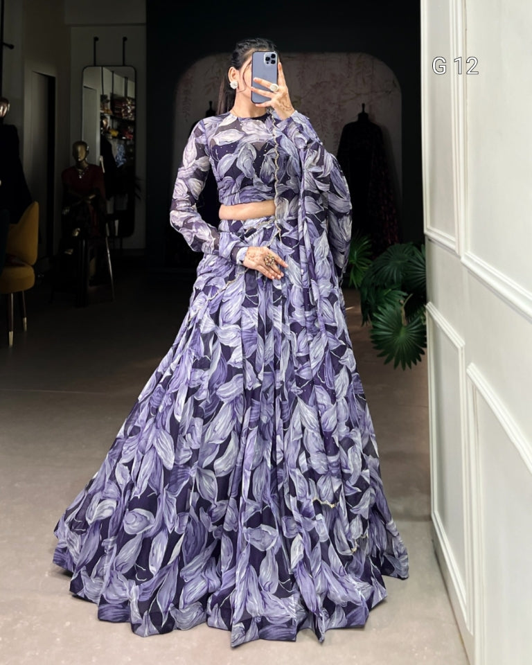 Navy Blue Tabby Silk Lehenga with Printed Hotfix Work – G 12 Navy Blue