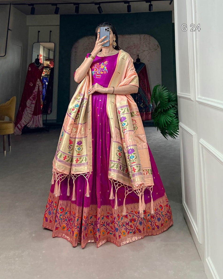 Jacquard Silk Gown with Zari Weaving Work – Stitched Gown and Dupatta with Tassels - G 24 Purple, Orange, Pink, Red
