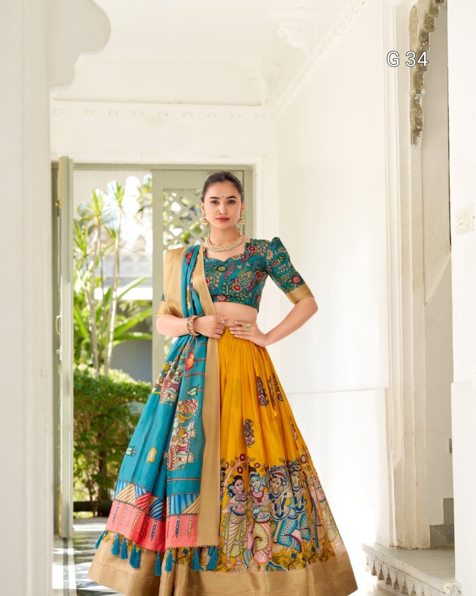 Dola Silk Lehenga with Kalamkari Print & Weaving Border – G 34 Purple, Cream, Peach, Yellow