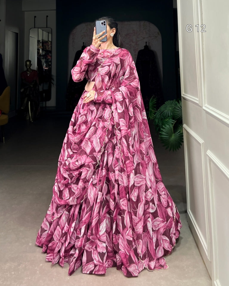 Maroon Tabby Silk Lehenga with Printed Hotfix Work – G 12 Maroon