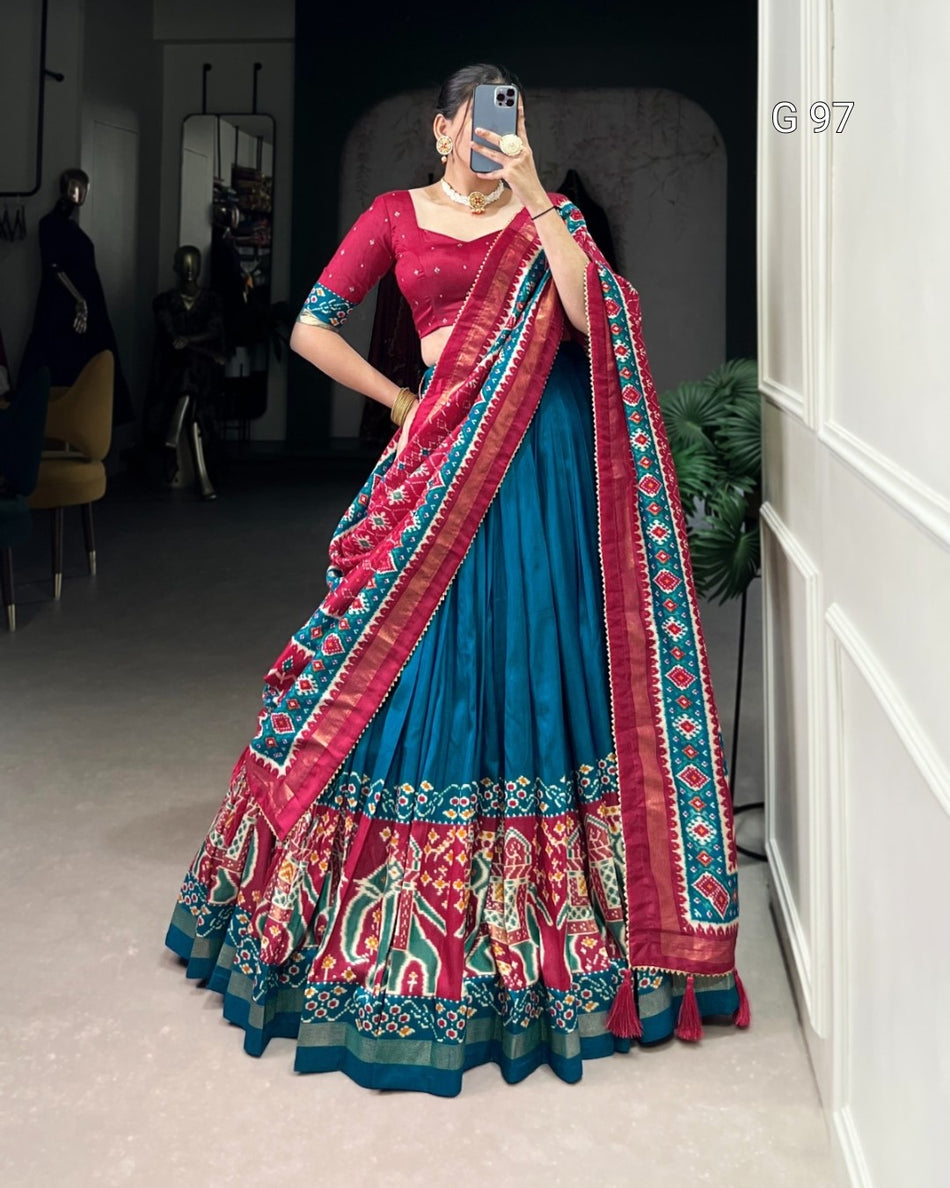Tasar Silk Lehenga with Patola Print & Foil Work – G 97 Teal