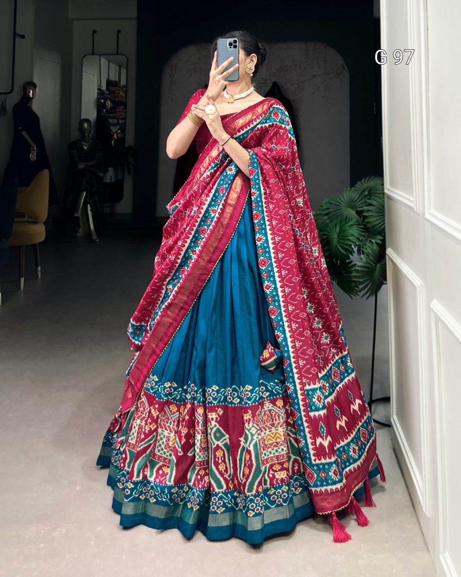 Tasar Silk Lehenga with Patola Print & Foil Work – G 97 Teal